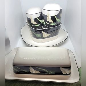 Sango Korea Black Lilies, kitchenwares, gravy boats, butter dish,salt pepper set